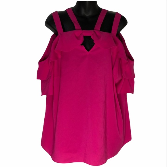 WORTHINGTON WOMAN hot pink cold shoulder top with bow size 0X / XL flowy draped - Picture 1 of 13